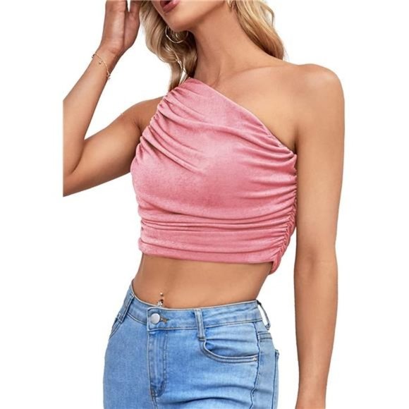 Women's Ruched One Shoulder Crop Top, Baby Pink - Picture 2 of 7